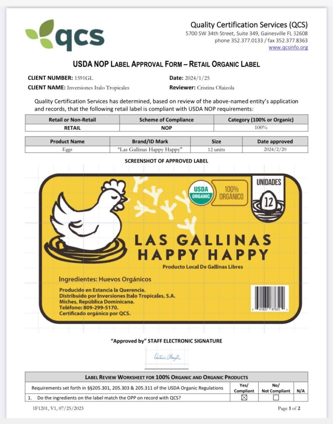 Certificación oficial USDA Organic / QCS de Las Gallinas Happy Happy