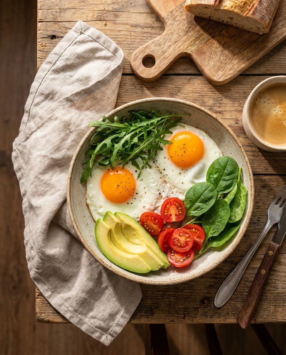 Desayuno saludable con huevos de yema naranja, aguacate y vegetales